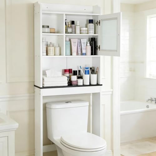 ZENY Over The Toilet Storage Cabinet, Bathroom Organizer with Adjustable Shelf and Double Doors, Freestanding Bathroom Space Saver Toilet Rack (White) - color: White