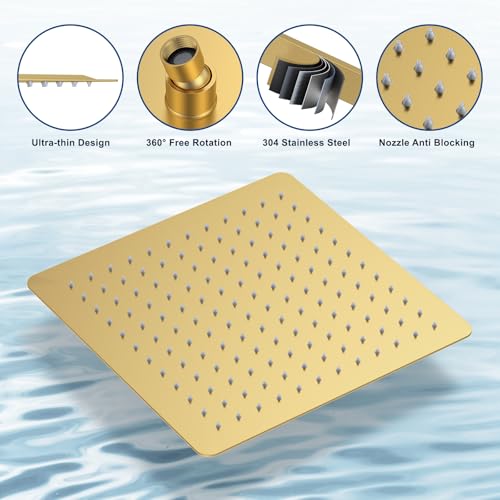 Brushed Gold Shower System with Tub Spout, Ceiling Mounted Bathtub Shower Faucet Set, 12" Rainfall Shower Head and Handheld Shower Combo, High Pressure Shower Fixtures Set with Rough-in Valve - color: Brushed Gold, style: 12" Ceiling Mounted Shower System