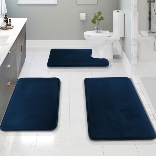 Clara Clark 3 Piece Bathroom Rugs Bath Mat Set, Velvet Memory Foam Bath Mats for Bathroom - Non-Slip, PVC Backing Bath Rugs, Washable - Dries Quickly, Blue - color: Blue
