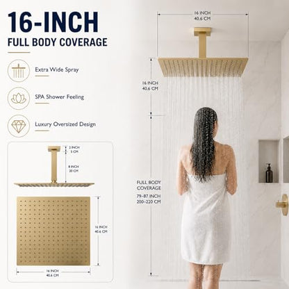Rainfall Shower Head, BSTIIU 16 Inch Square Ceiling Mount Shower Head, Extra Large Stainless Steel Shower Head, Ultra Thin Waterfall Showerhead, Brushed Gold - color: Brushed Gold, size: 16-Inches, style: Square