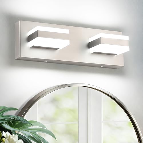 SOLFART 2 Light Brushed Nickel Vanity Lights for Bathroom Over Mirror, Modern LED Lighting Fixture, 14 Inch Cool Light - color: Brushed Nickel,6000K & 100% -0% Dimmable Brightness, size: 2- Light,14Inch
