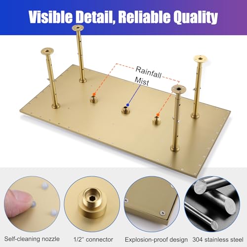 2 Modes Luxury High Pressure Rain Shower Head, 16"x32" Super Large Ceiling Full Body Shower Head with Silicone Nozzles Rectangle Mist Showerhead, Brushed Gold Finish - color: Brushed Gold, style: 2 Modes - Rainfall&Mist