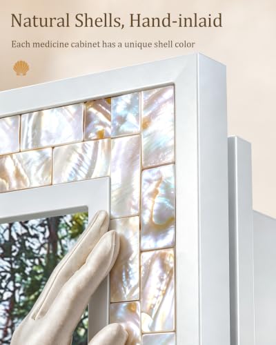 20"x26" Hand-Inlaid Natural Shell White Medicine Cabinet Mirror for Bathroom, Bedroom, Living Room, Entryway, Easy to Install Left or Right Opening Bathroom Wall Cabinet Recessed and Surface Mount - color: 20"x26"-white
