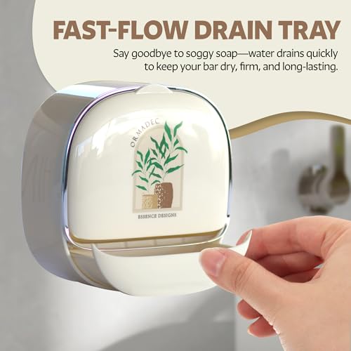 Soap and Razor Dish Holder with Drain Tray- Flip top, Waterproof, wall Mounted, with Additional Hook for loofas and Others. No Drilling and Lightweight.