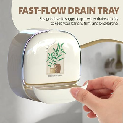 Soap and Razor Dish Holder with Drain Tray- Flip top, Waterproof, wall Mounted, with Additional Hook for loofas and Others. No Drilling and Lightweight.