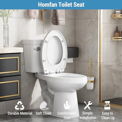 Soft Close Elongated Toilet Seat – White, Quick Release Hinges, Non-Slip Bumpers, Quiet, Easy to Clean – Fits Most American Standard Elongated Toilets – Easy Installation – White, Elongated, Regular - size: Elongated