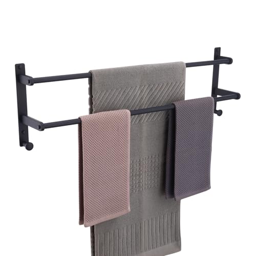 Matte Black Double Towel Rack with Hooks for Bathroom, 30 Inch Stainless Steel Long Towel Bar - Wall Mounted Towel Rails Holder - color: Matte Black, size: 30-Inch