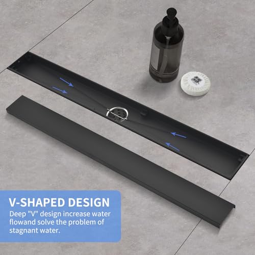 Linear Shower Drain ，with Tile Insert Panels ，18 Inch Black 304 Stainless Steel Rectangle Shower Floor Drain，with Hair Catcher, Adjustable Feet，Fits Bathroom, Balcony - color: Matte Black, size: 18inch