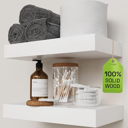 Solid Wood Floating Shelves for Wall 12 Inch White, Small Wooden Shelf | Real Wood, Wall Mounted, Thick, Rustic, Bedroom Kitchen Bathroom Living Room, White Finish, 12W × 6.7D, Set of 2 - color: White, size: 12 Inch