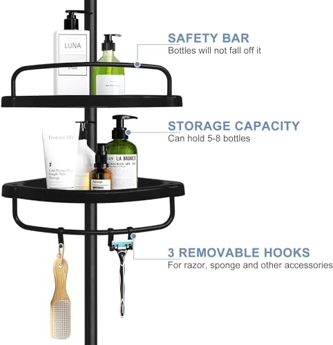 Corner Shower Caddy Constant Tension Pole Rustproof Shower Rack 4 Tiers Adjustable Bathroom Storage Organizer Drill Free