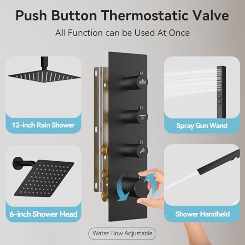 Shower Faucet Set,Thermostatic Shower System,12 Inch Ceiling Mounted and 6 Inch Wall Mount Rain Shower Head with 2 in 1 Handhled,High Pressure Dual Shower Head Combo Set Matte Black - color: Matte Black, size: 12"-1