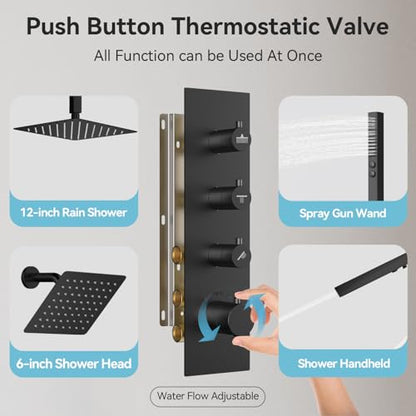 Shower Faucet Set,Thermostatic Shower System,12 Inch Ceiling Mounted and 6 Inch Wall Mount Rain Shower Head with 2 in 1 Handhled,High Pressure Dual Shower Head Combo Set Matte Black - color: Matte Black, size: 12"-1