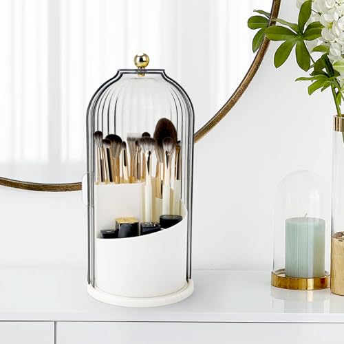 QIYVLOS Toothbrush Holders with Sliding Lid, Rotating 3 Slots Bathroom Organizer Countertop, Tooth Brush Toothpaste Holder Bathroom Counter Stand Sink Organizer Caddy for Vanity Makeup Brushes Holder - color: White+Transparent Black