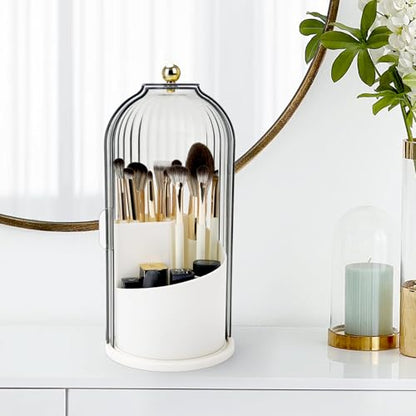 QIYVLOS Toothbrush Holders with Sliding Lid, Rotating 3 Slots Bathroom Organizer Countertop, Tooth Brush Toothpaste Holder Bathroom Counter Stand Sink Organizer Caddy for Vanity Makeup Brushes Holder - color: White+Transparent Black