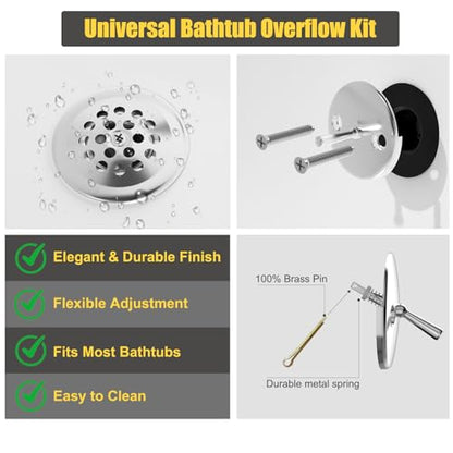 Trip Lever Tub Drain Kit, Chrome | Bathtub Drains Stopper Replacement Kits, Trip Lever Overflow Faceplate, Tub Drains Strainer, Thread Adapter & Gasket - color: Chrome Kits