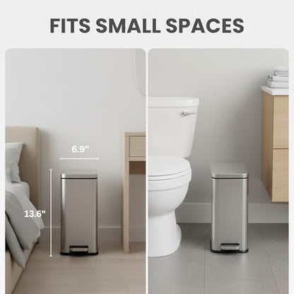 iTouchless 3 Gallon Small Wastebasket for Bathroom with Lid, Deodorizer, Soft-Step Stainless Steel Slim Garbage Bin, 12 L Silver Small Trash Can, Step Pedal, Fingerprint-Proof for Powder Room & RV - color: Brushed Silver