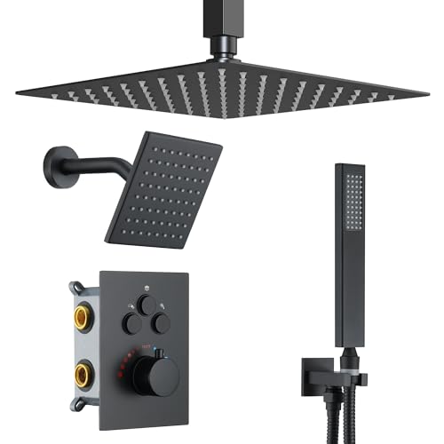 Thermostatic Dual Shower Head System, Matte Black Shower Faucet | 12 Inch Ceiling Rainfall Shower, 6 Inch Wall Mount Head, High Pressure Handheld Sprayer, Push Button Valve - color: Matte Black