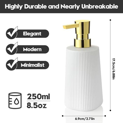 YAUKPH Small Soap Dispenser for Bathroom and Kitchen Matte White and Gold | Modern Farmhouse Striped Style Plastic Hand Soap Dish Soap Dispenser with Pump - color: White and Gold