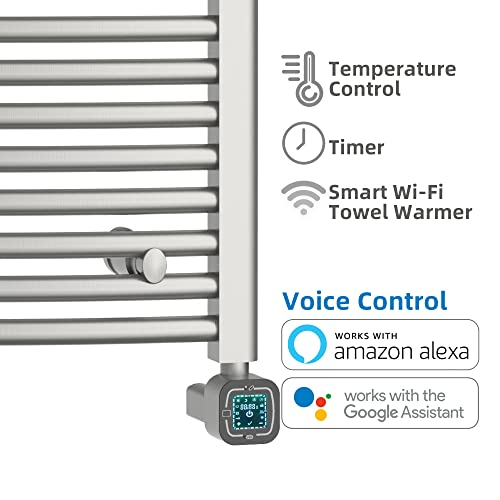 Smart Towel Warmer with Timer and Temperature Control, Plug-in/Hardwired Towel Rack Heater Compatible with Alexa and Google Home, Large Liquid Filled Smart Towel Heated Rails, Brushed