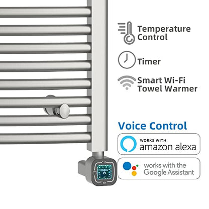 Smart Towel Warmer with Timer and Temperature Control, Plug-in/Hardwired Towel Rack Heater Compatible with Alexa and Google Home, Large Liquid Filled Smart Towel Heated Rails, Brushed