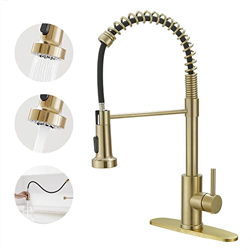 VOTON Kitchen Faucets with Pull Out Sprayer Commercial Spring Sink Faucet Stainless Steel Brushed Gold Pull Down Single Handle Farmhouse faucets with Deck Plate for Camper Laundry Utility Rv Wet Bar - color: Brushed Gold
