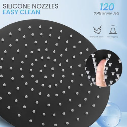 12 inch Matte Black Rainfall Shower Head - All Metal Stainless Steel Full Body Round Rain Shower with 120 Silicone Nozzles - color: Matte Black, size: 12 Inch