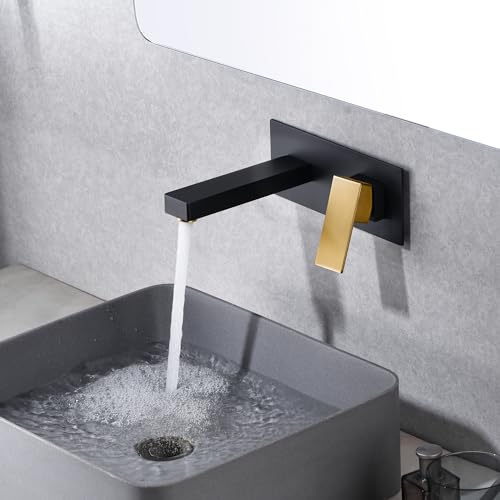 SUMERAIN Wall Mount Bathroom Faucet Black and Gold Finish, Lavatory Vessel Sink Faucet with Rough in Valve - color: Black and Gold, size: Right-Handed