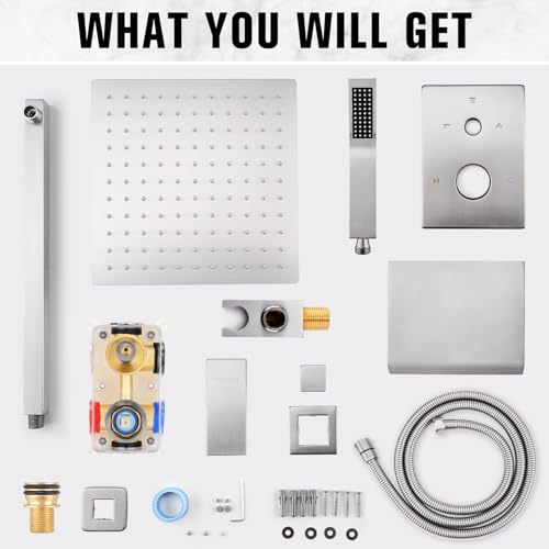 12 Inch Rainfall Shower System with Tub Spout Wall Mounted Complete Combo with Solid Brass Pressure Balancing Valve, High Pressure Shower Head, Handle Set & Installation Accessories - color: Brushed Nickel