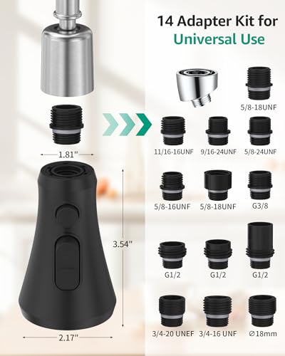 Mbillion Universal Matte Black Kitchen Faucet Spray Head Replacement | ABS,3 Function ,Pull-Down Nozzle with 14 Adapters,Compatible with Moen,Delta,Kohler,WEWE American Standard Sink Faucet Head - color: Black