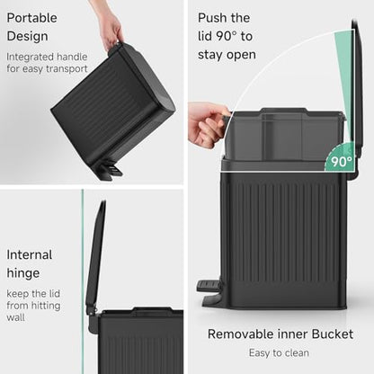 TIPGO Slim Bathroom Trash Can with Lid Soft Close, Step Pedal, 6 Liter / 1.6 Gallon Stainless Steel Trash Bin, Small Garbage Cans for Bedroom, Office, Kitchen (Black) - color: Black