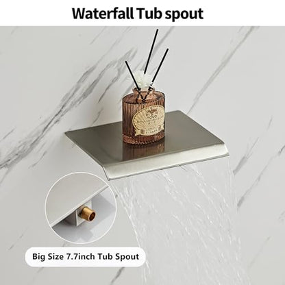 Brushed Nickel Rainfall Shower Head 8 Inch | Set Faucet with Tub Spout and Handle System Square Wall Mount for Bathroom - color: Brushed Nickel, style: 8 Inch