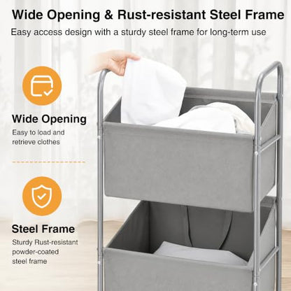 STO STO 3-Tier Vertical Rolling Laundry Hamper, Removable Bags, Gray Faric | 120L Capacity, Space-Saving Vertical Design, Rust-Resistant Steel Frame, Lockable Wheels, Ideal for Apartments & Small Spaces - color: Gray Faric, size: 3-Tier