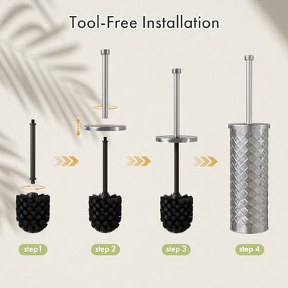 Toilet Bowl Brush and Holder Set 3 Pack with 6 Extra Brush Heads (Silver) | Extra Long Handle with Splash Guard Cover, Tool-Free Installation, Bathroom Space-Saving, Cleaner Sets for Apartments, RV - color: Silvery