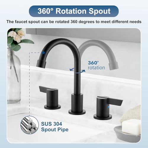 Bathroom Sink Faucet 3 Hole, 8 Inch Widespread, Matte Black | Lead-Free SUS304 Stainless Steel 8-Inch Widespread Bathroom Faucet with Pop-Up Drain & Supply Lines - color: Matte Black