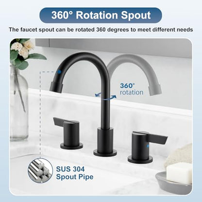 Bathroom Sink Faucet 3 Hole, 8 Inch Widespread, Matte Black | Lead-Free SUS304 Stainless Steel 8-Inch Widespread Bathroom Faucet with Pop-Up Drain & Supply Lines - color: Matte Black