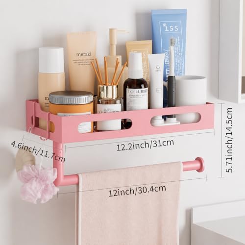 Pink Paper Towel Holder Wall Mount with Shelf, Easy One Hand Tear, Adhesive Glue or Drill Mount Hanging Paper Towel Holder with Shelf for Kitchen/Bathroom/RV, Metal, 4 Hooks - color: Pink