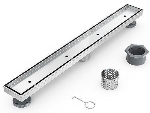 32 Inch Linear Shower Drain with Tile Insert Grate, Brushed | 304 Stainless Steel, Rectangle Tile Floor Drain for Bathroom, with Hair Strainer, Adjustable Feet, cUPC Certified - size: 32 inch