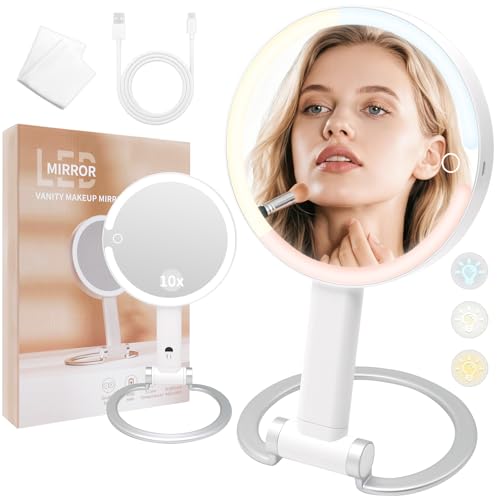 Makeup Mirror with Lights 10X Magnification, Double Sided Lighted Magnifying Mirror with 3 Color Lighting & Stepless Dimming, Rechargeable 2000mAh Battery, Portable LED Mirror for Travel & Desk, White - color: White