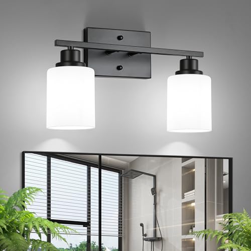 Ascher Bathroom Light Fixtures, 2-Light Vanity Light Over Mirror, Matte Black Wall Sconces with Milky White Frosted Glass Shades, Wall Lamp for Living Room Bedroom, E26 Base(Bulbs Not Included) - color: Black, size: 2-Light