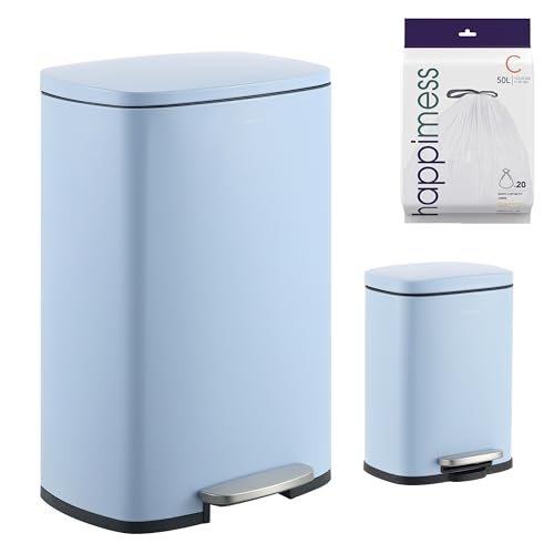 happimess Connor 2-Piece Iron Trash Can, Tide Pool Blue | 13.2 And 1.3 Gallons, Rectangular, Soft-Close Lid, Step Pedal, 20 Liners, 26" And 12" Height - color: Tide Pool Blue