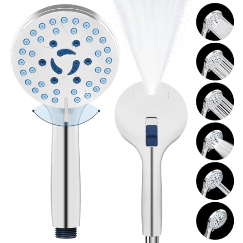 AmasSmile Shower Head with Handheld Sprayer Combo, 6-Mode Detachable Hand Held Showerhead with Power Wash & Pause Button - Shower Head with Handheld Spray Combo for Tub, Tile, Pets & RV - color: silver-plated