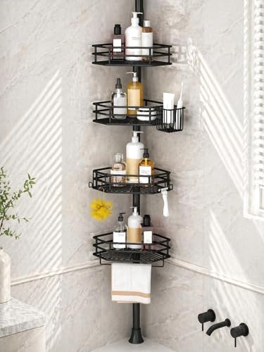Corner Shower Caddy Tension Pole, Quick Setup, Rust-Free Bathroom Shower Organizer Corner for Bathtub Shampoo Storage, 4-Tier Adjustable Shelf, Drill Free, Fits 34 to 116 Inch Height, Black - color: Black