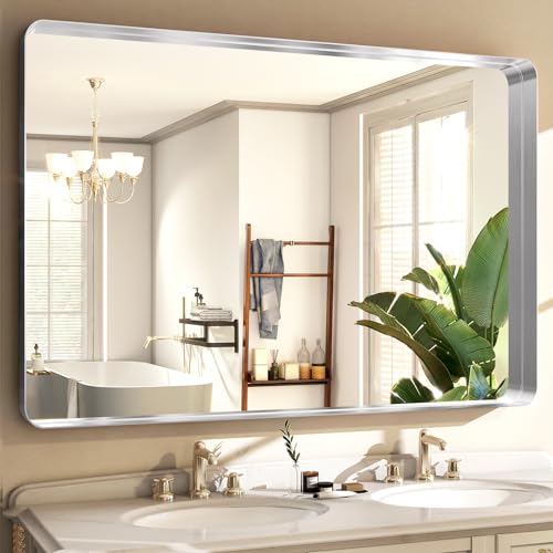 Easly Silver Bathroom Mirror for Wall, 40x30 Inch Rectangular Aluminum Alloy Framed Mirror, Modern Wall Mounted Vanity Mirror for Bathroom, Vertical or Horizontal - color: Silver, size: 40"L x 30"W