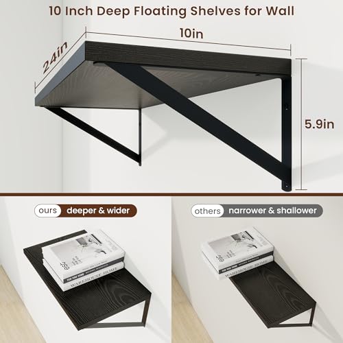 Deep Floating Shelves, 24'' x 10'' Black Wall Shelves Set of 2 | 10 Inch Deep Shelves with Heavy Duty Brackets, Rustic Wood Shelves for Bathroom Living Room, Engineered Wood, 40LBS - color: Black, size: 24W x 10D