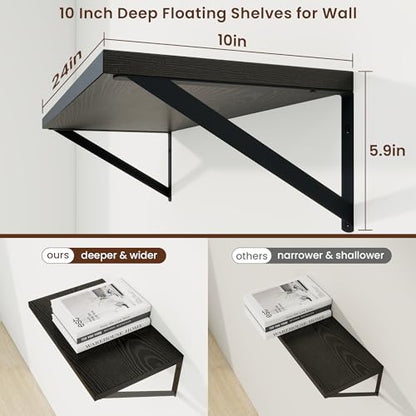Deep Floating Shelves, 24'' x 10'' Black Wall Shelves Set of 2 | 10 Inch Deep Shelves with Heavy Duty Brackets, Rustic Wood Shelves for Bathroom Living Room, Engineered Wood, 40LBS - color: Black, size: 24W x 10D