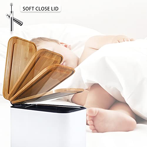 SIDIANBAN Bathroom Trash Can with Bamboo Lid Soft Close and Foot Pedal, Small Rectangular Slim Garbage Can with Inner Wastebasket for Bedroom, Office, Kitchen, 1.3Gal/5L, White | Small Rectangular Slim Garbage Can with Inner Wastebasket for Bedroom, Offic