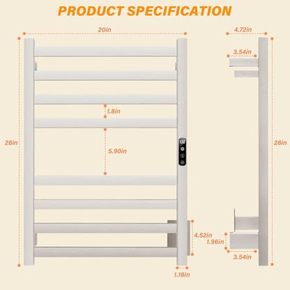 Towel Warmer Brushed Wall Mounted Heated Towel Rack | Electric Towel Dryer Rack with Temperature Control and 24 Timer Plug-in/Hardwired,304 stainless steel - color: Brush