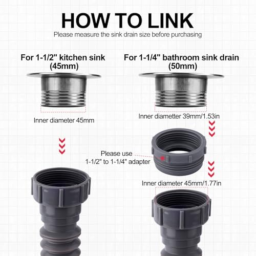 Sink Drain Kit, 1-1/2 Inch Expandable Flexible P-Trap 7.5 Inch - 17.7 Inch Flexible Sink Drain Pipe for Bathroom Sinks Kitchen Sinks