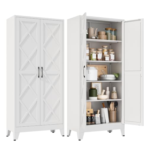 Metal Storage Cabinet with Doors and Adjustable Shelves | 71" Tall Pantry Cabinet for Kitchen Dining Room Bathroom Garage,White,1 Pce - color: White, size: 15.8"D x 31.5"W x 71"H-3