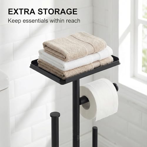 Stainless Steel Floor Standing Toilet Roll Paper Holder,Bathroom Toilet Brush and Paper Holder with Shelf and Wipe Holder (Toilet Paper Holder with Shelf)